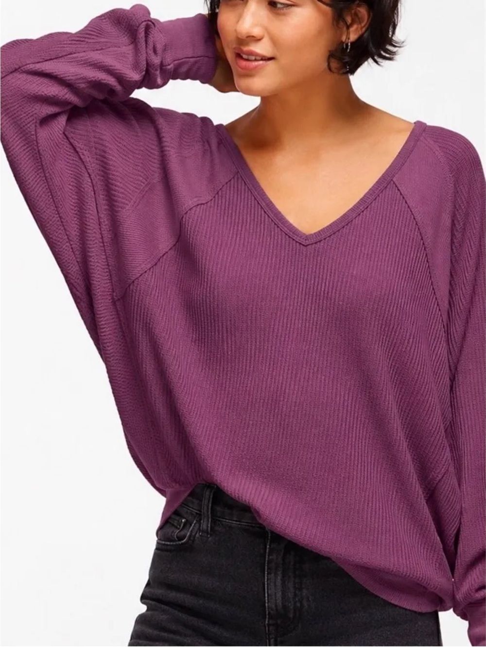 Free People Santa Clara Thermal top Waffle Knit V Neck Oversized Top Purple